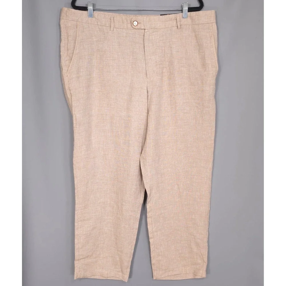 Tasso Elba 100% Linen Pants Khaki‎ 38W 30L Casual Dress Flat Front Lightweight